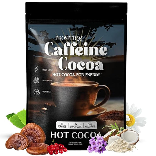 Prosper??Caffeine Cocoa ??Sugar-Free Superfood Hot Chocolate & Coffee Alternative | Vegan, Dairy-Free | Reishi Mushroom & L-Theanine for Focus & Jitter-Free Energy | High-Flavanol Cacao | 30 Servings