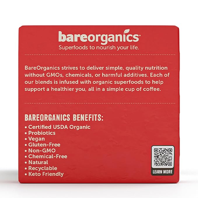 BareOrganics 13313 Cardio Care USDA Organic Coffee Pods, Compatible Organic Coffee Pods, Infused with Superfoods & Probiotics, Vegan Friendly, Gluten Free, 10 Single Serve Cups