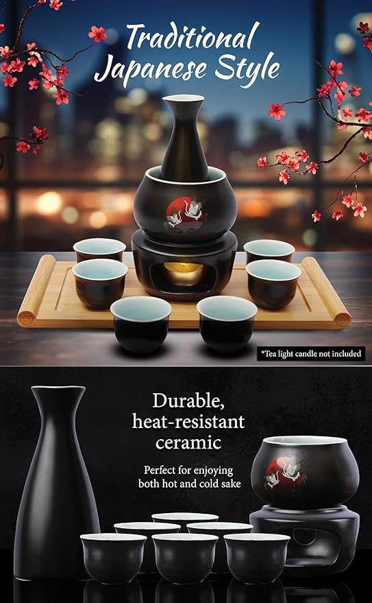 Japanese Sake Cup Set with 6 Ceramic Cups, 1 Ceramic Sake Bottle, 1 Ceramic Sake Warmer, Bamboo Tray, and Cloth Carrying Case - Perfect Hot Sake Set for Authentic Japanese Experience