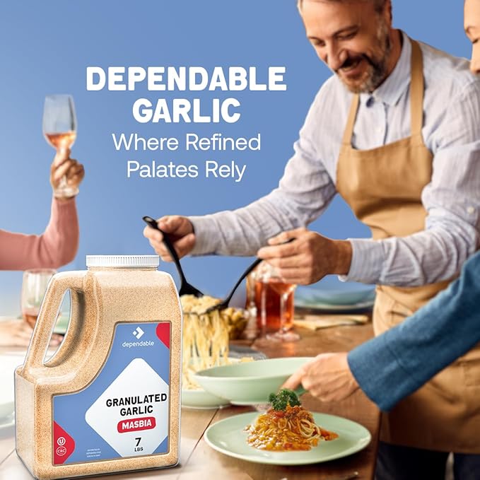 Dependable Food Granulated Garlic Seasoning - 7 Lb. Jar - Bulk Size - Kosher, 100% Natural Garlic Powder Spice - Convenient and Versatile Garlic Seasoning for Chefs and Culinary Enthusiasts - Non-GMO