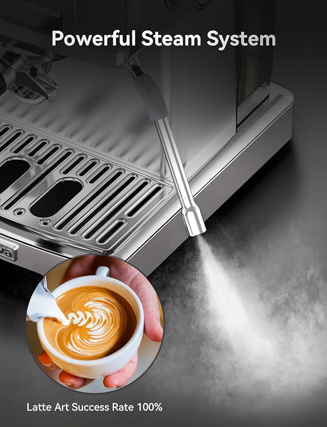 Neretva Espresso Coffee Machine, Professional Espresso Machine with Pressure Gauge 15Bar Retro Espresso Maker with Power Milk Frother Stainless Steel for Home Barista Latte and Cappuccino Maker-Silver