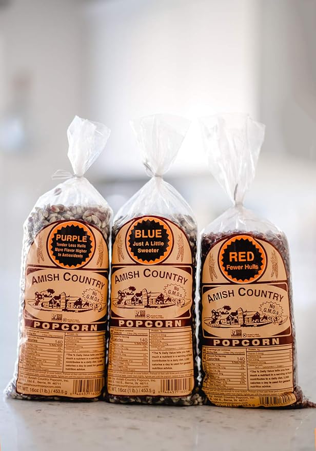 Amish Country Popcorn | 3-1 lb Bags | Purple, Red and Blue Popcorn Kernels | Old Fashioned, Non-GMO and Gluten Free (3-1 lb Bags)