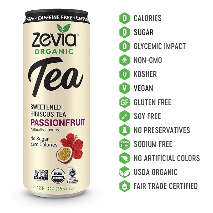 Zevia Zero Sugar Tea, Hibiscus Tea with Passionfruit Caffeine Free, 12 oz Cans (12-Pack) – Naturally Sweetened, Zero Calorie Sugar Free - Non-GMO Project Verified, Gluten-Free, Vegan