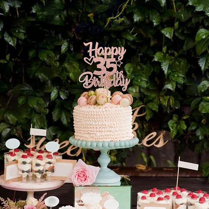 1 Pack Happy 35th Birthday Cake Topper Glitter Heart Star 35 Fabulous Cake Pick Birthday Sign Cake Decorations for Children 35th Birthday Theme Party Supplies Rose Gold