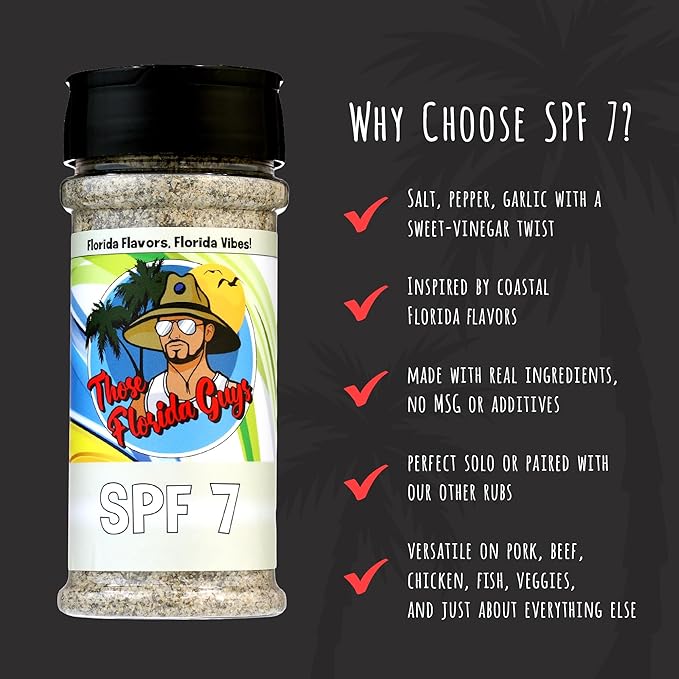Spf 7 Spice and Rub, 150g - Unique Florida Blend of Salt, Pepper, Garlic & Sweet Vinegar Twist - Perfect Grilling & Food Seasoning for Beef, Pork, Fish, French Fries, Popcorn, Veggies & More