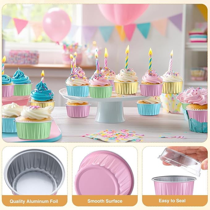 Gejoy 400 Pcs Aluminum Foil Baking Cups with Lids 5 oz Disposable Ramekins Mini Cake Pans Creme Brulee Cupcake Liners Muffin Tins Flan Mold Dessert Container for Wedding(Pastel Color,Classic)