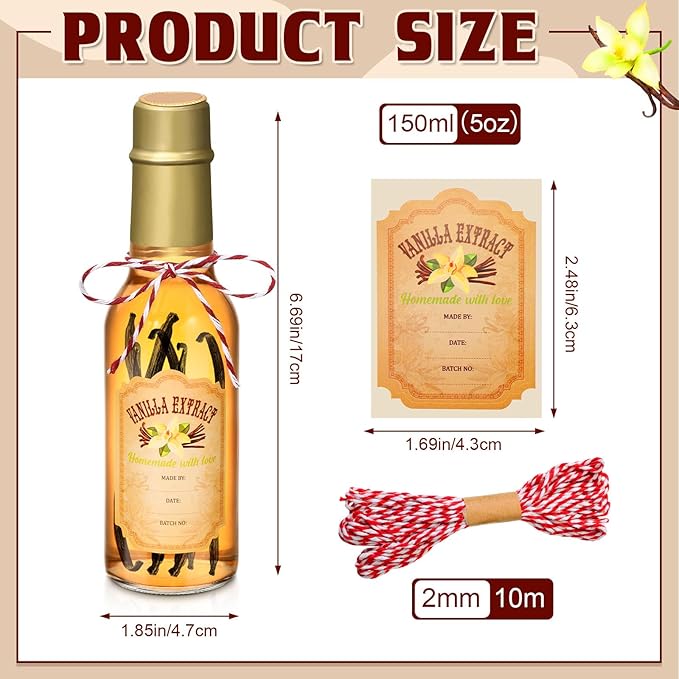 Tioncy 16 Pcs Vanilla Extract Bottles for Homemade Vanilla Jar Glass Bottle with Cap, Shrink Band, Sticker Syrup Gift Food Storage Canister for Bean Sauce Spice(Gold,5 oz)