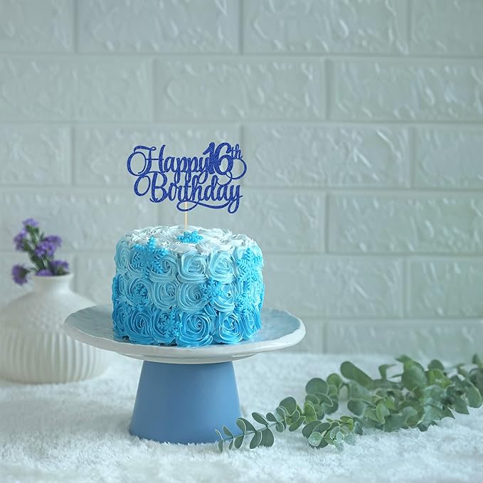 1 Pack Happy 16th Birthday Cake Topper Glitter Number 16 Sixteen Years Old Birthday Cake Pick Decoration for 16th Birthday Celebrating Anniversary Party Supplies Blue