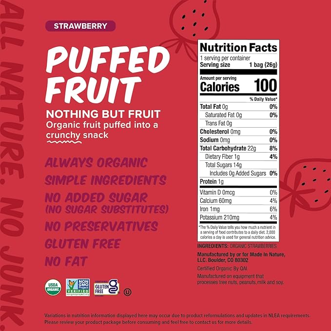 Made In Nature Organic Puffed Fruit, Strawberry, 0.9 Ounce Bag (Pack of 6) - Vegan Snack, Non-GMO, Gluten Free