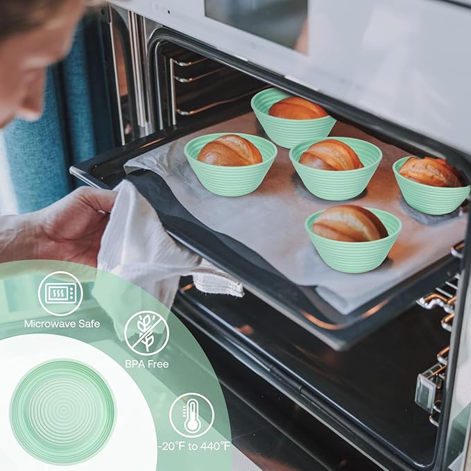 Silicone Banneton, Sourdough Bread Baskets (Set of 6, 5 Inch), Round Proofing Bread Bowls with Starter Kit, Bread Making Baking Supplies