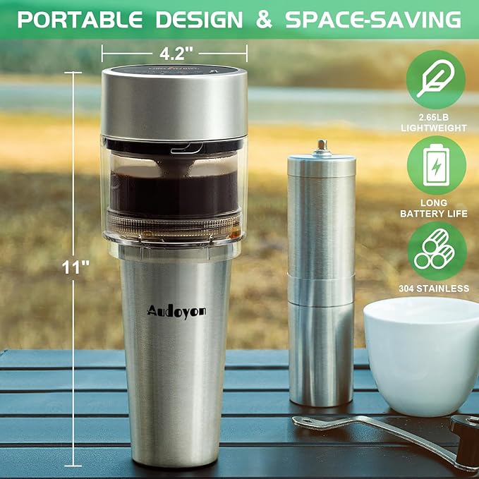 Coffee & Tea Maker, Portable Cold Brew Coffee Machine, Rapid Tea Brewer 16oz Hot & Iced, Rechargeable+Self Clean+Ultra-Fine Stainless Tea Strainer for Camping, Travel, Office & RV