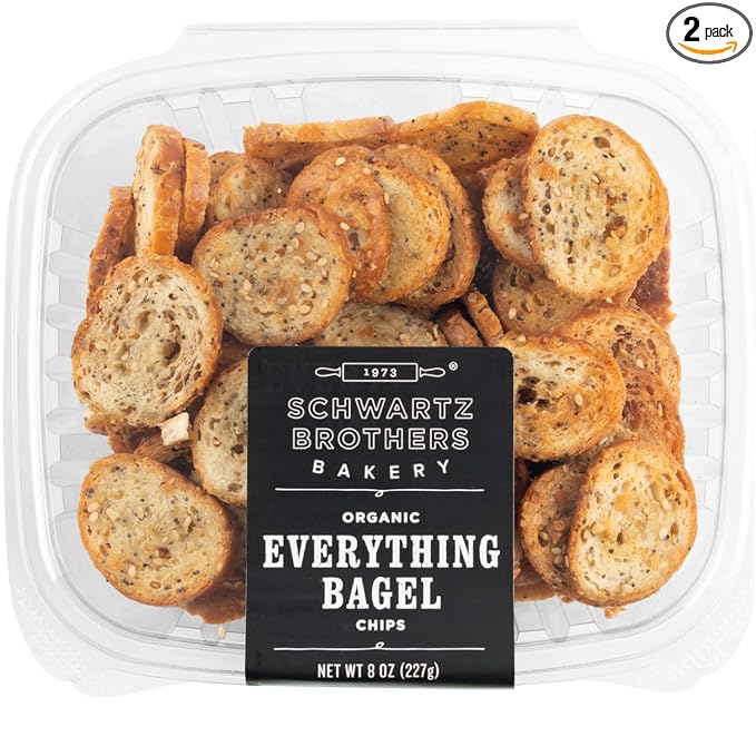 Everything Bagel Chips NY Style Bagel Crisps. Organic, Vegan, Kosher. From the artisans of Schwartz Brothers Bakery. Baked Fresh. Twice Baked. 8 ounce container. Great Snack. Delicious. Pack of 2.
