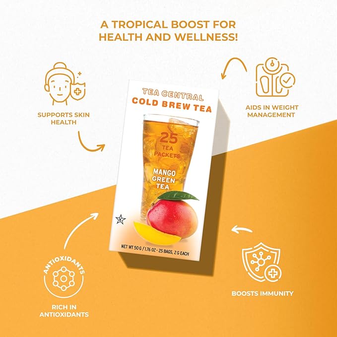 Life Plus Style Gourmet TEA CENTRAL Mango Green Tea Naturally Refreshing Cold Brew Tea Bags Organic Ceylon Iced Green Tea Everyday Wellness Sweet Mango Fruit Tea 25 Tea Bags