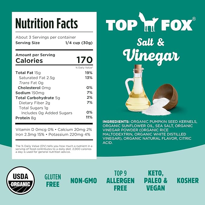 Top Fox Snacks Pumpkin Seeds to Eat (Salt & Vinegar, 3.5 oz – 6 Pack) - Gluten Free Snacks, Healthy Protein Snacks, Keto Friendly Snacks, Allergen Free Snacks, Paleo & Vegan - Organic Pop-Roasted