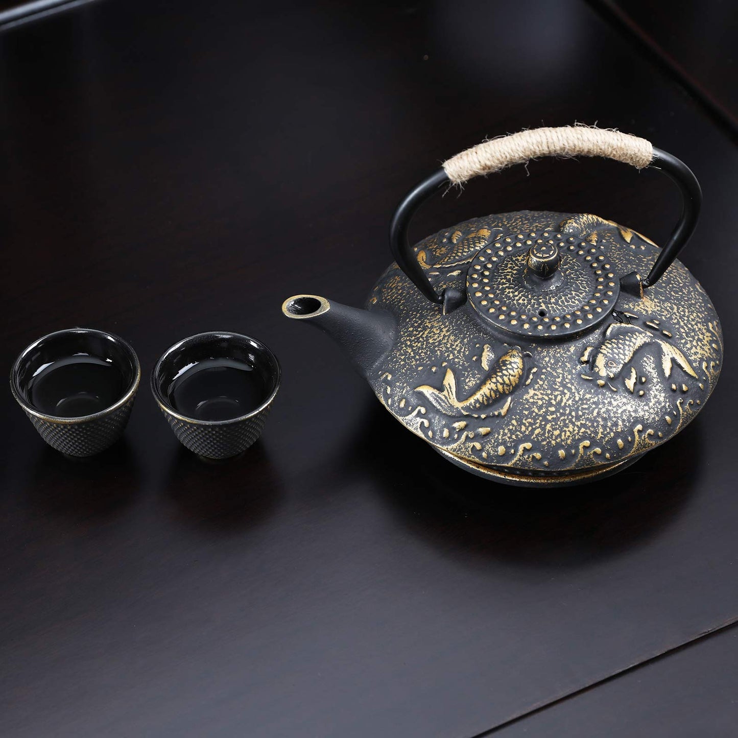 Ufine Koi Fish Cast Iron Teapot Set Stove Top 26 oz Tea Kettle with 4 Cups