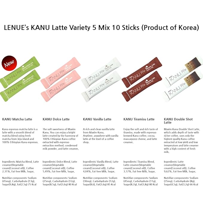 KANU Latte - Korean Maxim 3 in 1 Instant Coffee Variety Sample Packets with Gift Box Set, Camping Essentials, KANU Latte 5 Mix Combination 10 Sticks