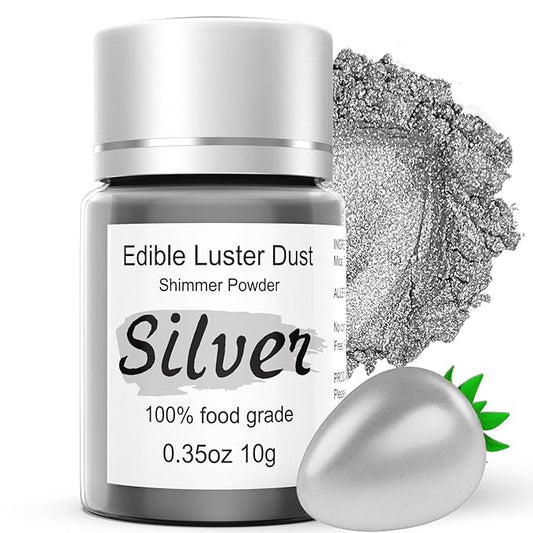 Silver Luster Dust Edible Glitter for Cakes Cocktails ??10g Colaele Edible Shimmering Dust for Chocolates, Metallic Food Coloring Powder for Cake Decorating Edible Glitter for Drinks, No Gluten,Vegan
