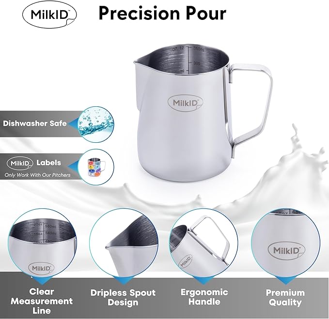 Milk Frothing Pitcher with 8 Allergen Silicone Snap-On Labels | Must-Have Barista Tool | Coffee Bar Accessories & Espresso Accessories Kit | (12oz / Pitcher + Labels)
