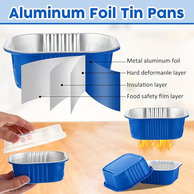 Aoriher 150 Pieces 10 oz Mini Cake Pans with Lids Aluminum Foil Baking Cups Square Disposable 4" x 4" Large Cupcake Cups Baking Tins for Kitchen Brownie Pudding Desserts Holders(Blue)