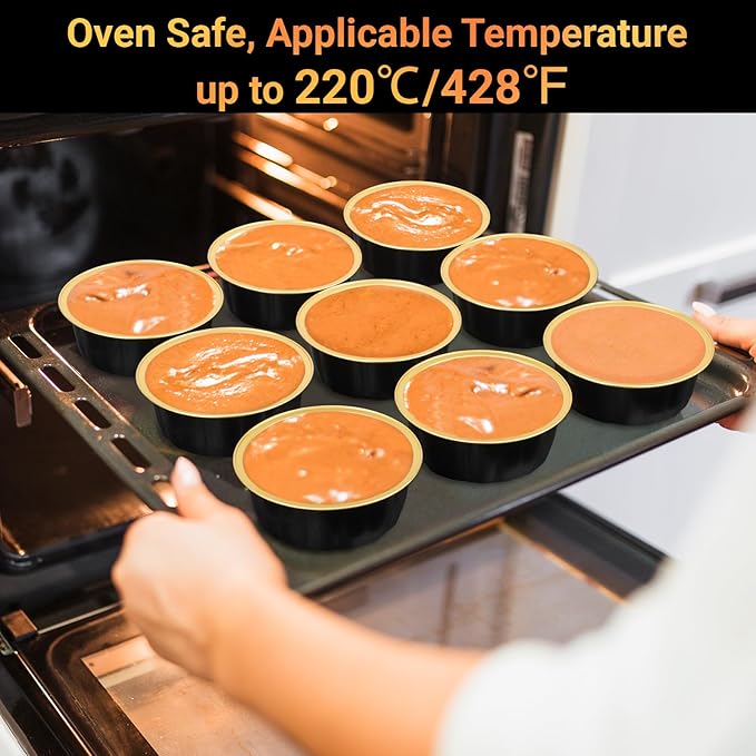 Beasea Disposable Aluminum Ramekins, 8oz 200 Pack Ramekins Foil Cups Baking 3.9" Ramekin Cup Cupcake Aluminum Mini Baking Cups for Party - Black Gold