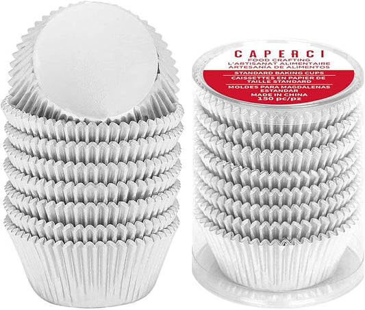 Caperci Silver Foil Cupcake Muffin Liners Standard Size Baking Cups 150-Pack - Premium Greaseproof & Sturdy