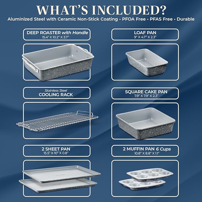 Bakken 8-Piece Stackable Bakeware Set - Ceramic Non-Stick Coating, Baking Sheets, Assorted Baking Pans, PTFE, PFOA & PFOS Free - Healthy Baking, Ergonomic Handles, Cooling Rack, Non-Toxic, Oven-Safe