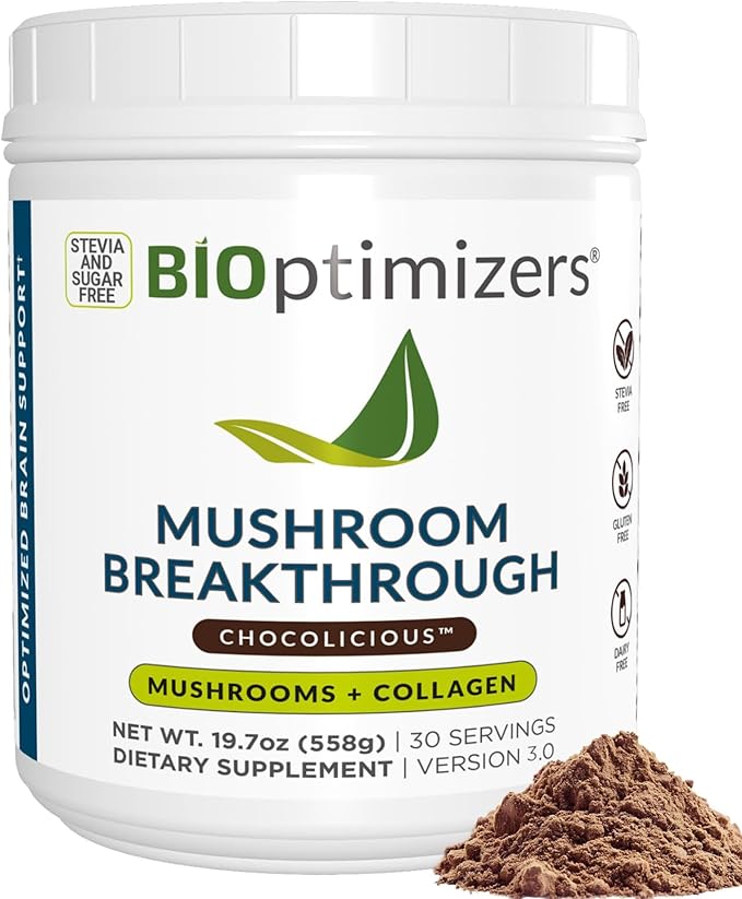 BIOptimizers Mushroom Coffee Alternative ??Chocolate Drink ??Lion?™s Mane, Chaga, Reishi + Collagen Peptides for Focus, Energy & Gut Health ??Adaptogenic Mushrooms & MCT Powder ??30 Servings