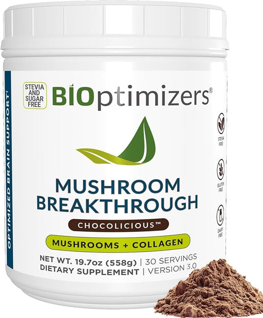 BIOptimizers Mushroom Coffee Alternative ??Chocolate Drink ??Lion?™s Mane, Chaga, Reishi + Collagen Peptides for Focus, Energy & Gut Health ??Adaptogenic Mushrooms & MCT Powder ??30 Servings
