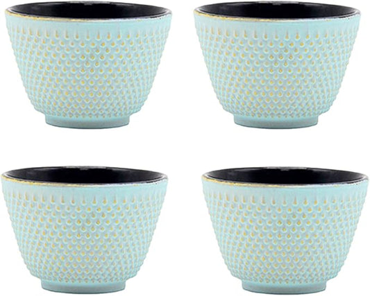 Japanese Cast Iron Tea Cups, Small and Heavy Teacups with no Handles, Japanese Style Cups for Adults, Asian Teacup, Coated with Enameled Interior, 4 Pcs/Box (Lightblue, 2oz/60ml)