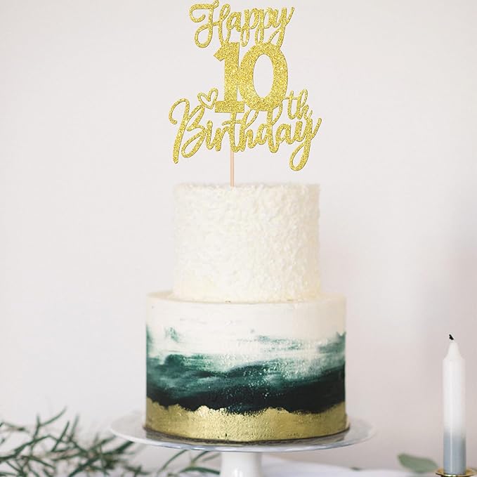 1 PCS Happy 10th Birthday Cake Topper Glitter Cheers to 10 Years Birthday Cake Pick Ten 10 Fabulous Cake Decoration for Happy 10th Birthday Anniversary Theme Party Decorations Supplies Gold