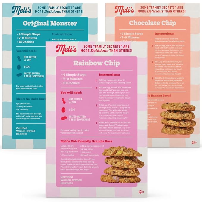 Meli?셲 Gluten Free Cookie Mix, Cookies Variety Pack - Original Monster, Chocolate Chip & Rainbow Chip, High Protein Baking Mix, Easy Bake Oven Mixes for Sweet Treats & Desserts, 16oz Box,3-Pack