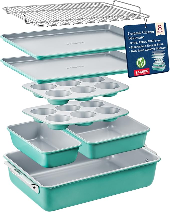 Bakken 8-Piece Stackable Bakeware Set - Ceramic Non-Stick Coating, Baking Sheets, Assorted Baking Pans, PTFE, PFOA & PFOS Free - Healthy Baking, Ergonomic Handles, Cooling Rack, Non-Toxic, Oven-Safe