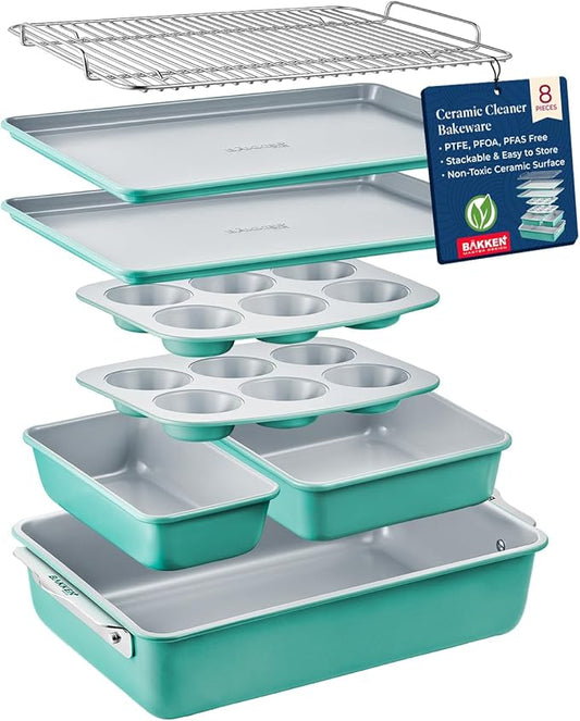 Bakken 8-Piece Stackable Bakeware Set - Ceramic Non-Stick Coating, Baking Sheets, Assorted Baking Pans, PTFE, PFOA & PFOS Free - Healthy Baking, Ergonomic Handles, Cooling Rack, Non-Toxic, Oven-Safe