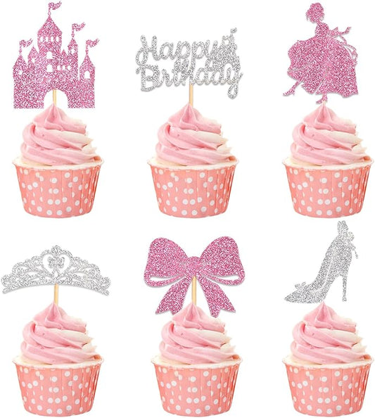 24Pcs Pink Castle Princess Cupcake Topper Silver Glitter Princess Cupcake Toppers High Heel Bow Crown Princess Cake Decorations for Princess Birthday Party Supplies Baby Bridal Shower