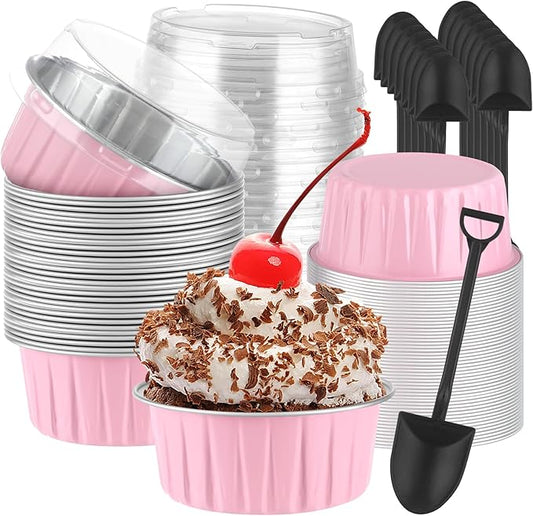 100Pack Alluminum Cupcake Containers, 5oz Dessert Cups with Lids, Mini Cake Pans With Lids&Spoons for Gift Holiday Birthday Party Cake Baking Sales Mini Storage Box Stackable Portable (pink)