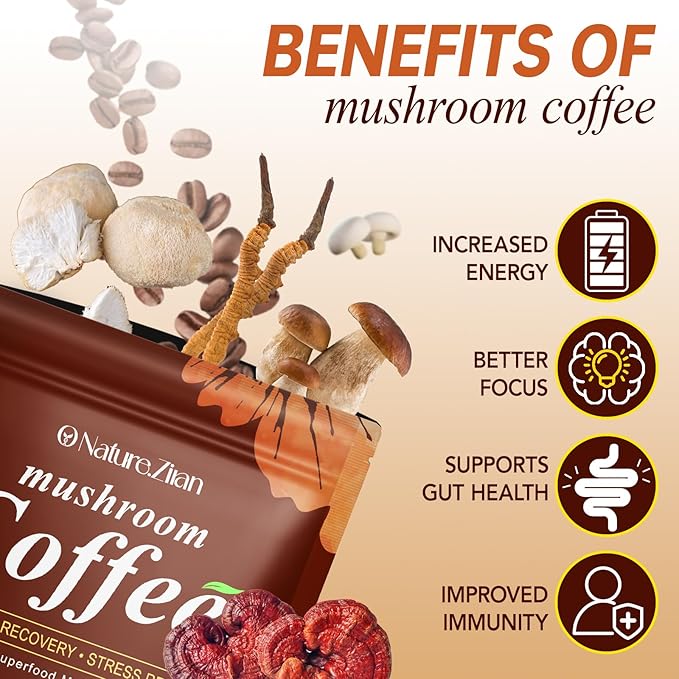 Mushroom Coffee Organic with 10 Adaptogenic Mushrooms, Grown Instant Coffee for Better Energy, Focus, Digestion, Immunity with Lions Mane & Turkey Tail, 30 servings