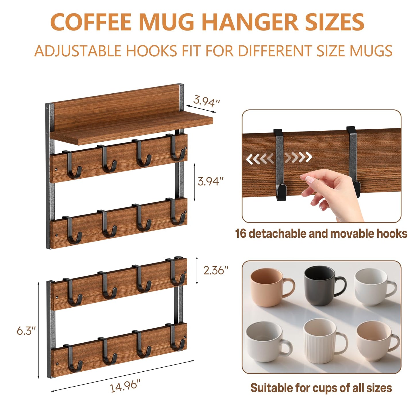 Dhmkfly 2-in-1 Coffee Cup Holder Wall Mounted with 16 Adjustable Hooks