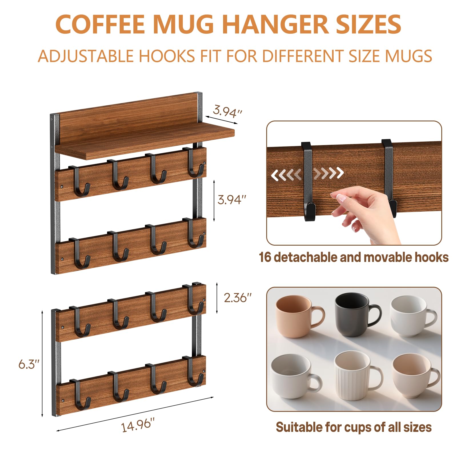 Dhmkfly 2-in-1 Coffee Cup Holder Wall Mounted with 16 Adjustable Hooks