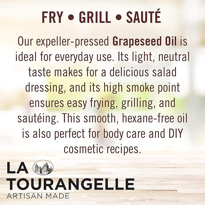 La Tourangelle, Expeller-Pressed Grapeseed Oil, High Heat Neutral Cooking Oil, Cast Iron Seasoning, Also Great for Skin, Hair, and DIY Beauty Recipes, 25.4 fl oz