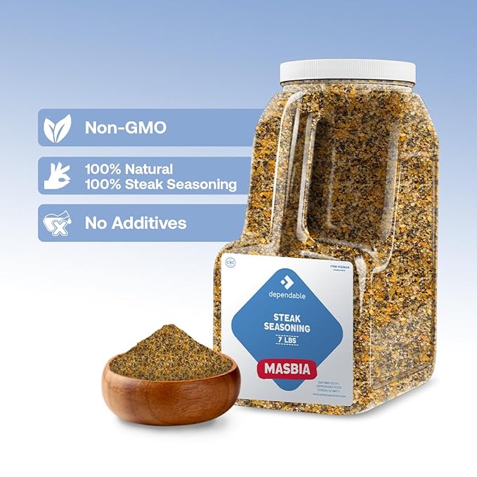 Dependable Food Steak Seasoning - 7 Lb. Resealable Jug - Non-GMO, Natural, No Additives, Kosher ??Bulk Spice for Flavorful Steaks