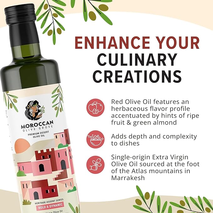 MOROCCAN OLIVE GROVE - The Red Olive Oil, Bold & Dynamic Cold-Pressed Desert Olive Oil Extra Virgin, Versatile Cooking Essential Made from Single-Origin Fresh Olives, 2-Pack, 500 ml per Bottle