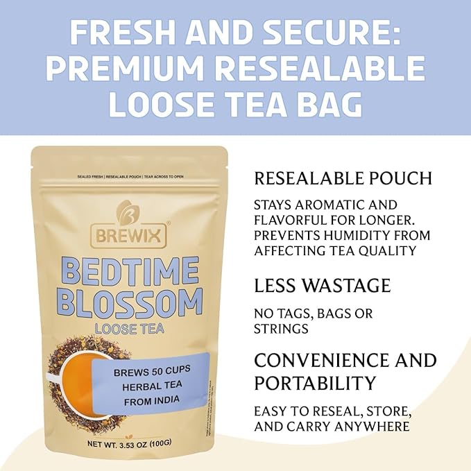 BREWIX, Bedtime Blossom Calming Tea For Sleep (50+ Cups) Herbal All Natural | Supports a Good Night?™s Sleep | Night Time, Caffeine Free with Rooibos, Safflower, Chamomile and Lavender | Perfect for Bedtime | Relaxing Natural Nighty Night Sleeping Tea