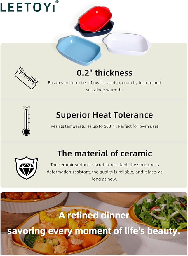 LEETOYI Ceramic Small Baking Dish, Porcelain 2-Piece Rectangular Bakeware with Double Handle, Baking Pans for Cooking and Cake Dinner 7.5"×5 (White)