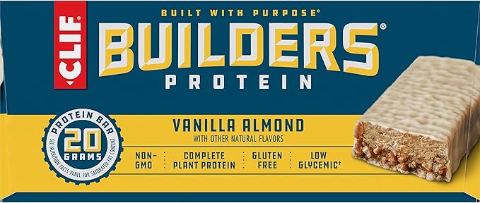 CLIF BUILDERS Protein Bars - Vanilla Almond Flavor - 20g Plant Based Protein - Gluten Free - Non-GMO - Low Glycemic - No Artificial Sweeteners - 2.4 oz. (12 Pack)