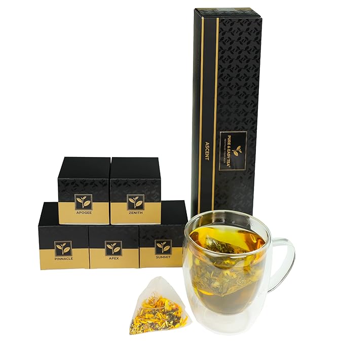 Pure And Easy Tea, Ascent Premium Tea Sampler, 15-Count Variety with 5 Caffeinated Flavors, Natural Loose Leaf Blends in BPA-Free Pyramid Bags, Gift Box, 52.5g