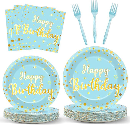 96PCS Blue Birthday Plates and Napkins Birthday Party Decorations Light Blue and Gold Dessert Plates Tableware for 24 Guests Kids Party Supplies