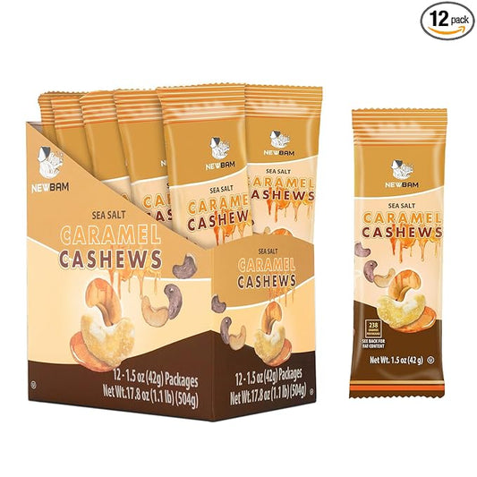 NEWBAM Sea Salt Caramel Cashews Individual Packs - 12 Cashew Snack Packs Roasted Nuts (1.5oz Each) ??Keto, Vegan, Gluten-Free - Healthy Snacks for Trail Mix, Office, or Party - Lightly Salted, Sweet Tasty