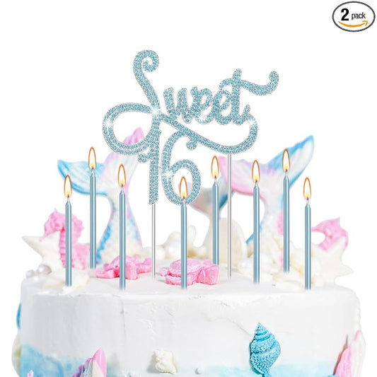 Tondiamo Sweet 16 Birthday Decorations Rhinestone Sweet 16 Cake Toppers 20 Pcs Metallic Happy Birthday Candles 16 Cake Decorations for Cupcake Decor (Blue)