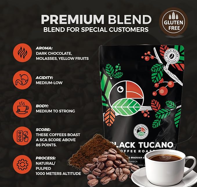 Black Tucano Specialty Coffee -Brazilian Whole Bean Medium Roast Coffee - Premium Blend Whole Bean - 8.8 Ounces 250 Gr