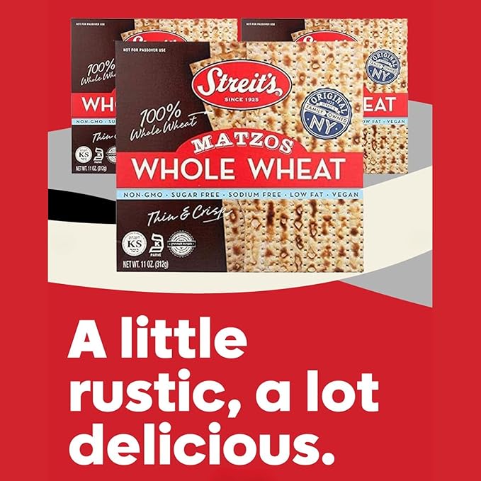 Streit's Whole Wheat Matzo - Thin & Crispy, Non-GMO, Sodium Free, Low Fat, Vegan, Family Owned, Kosher Certified (11oz, Pack of 3)